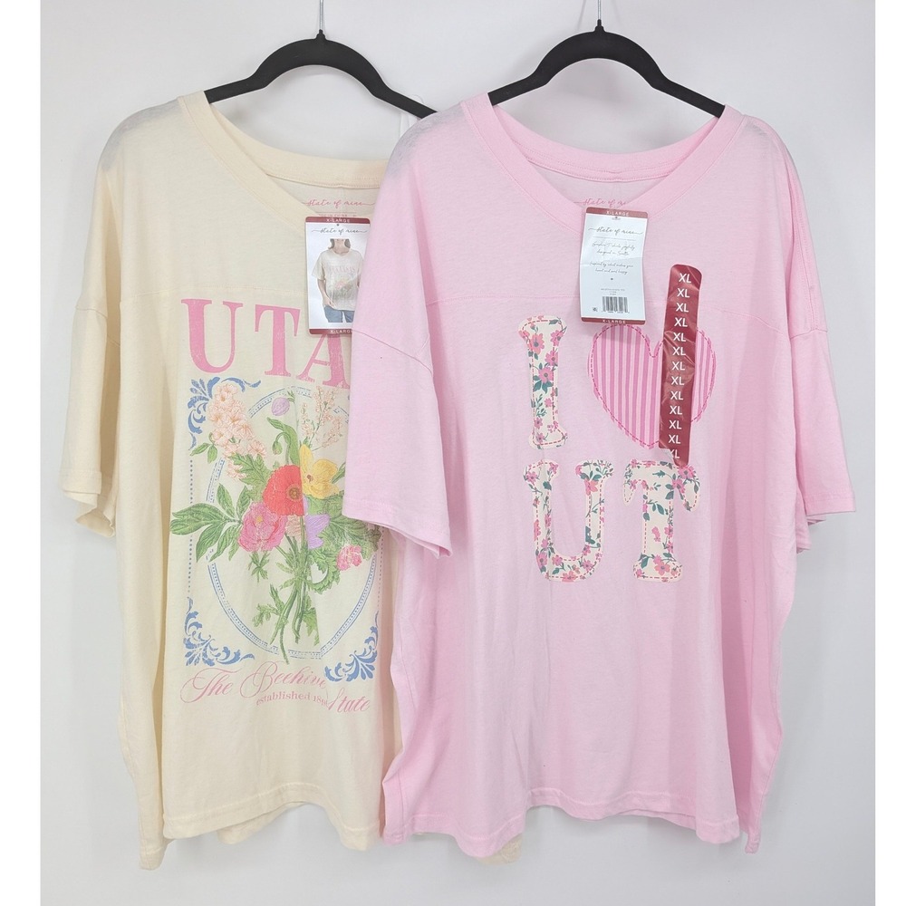 State of Mine Utah Graphic T-Shirt Bundle Women XL Pink Yellow Floral Beehive